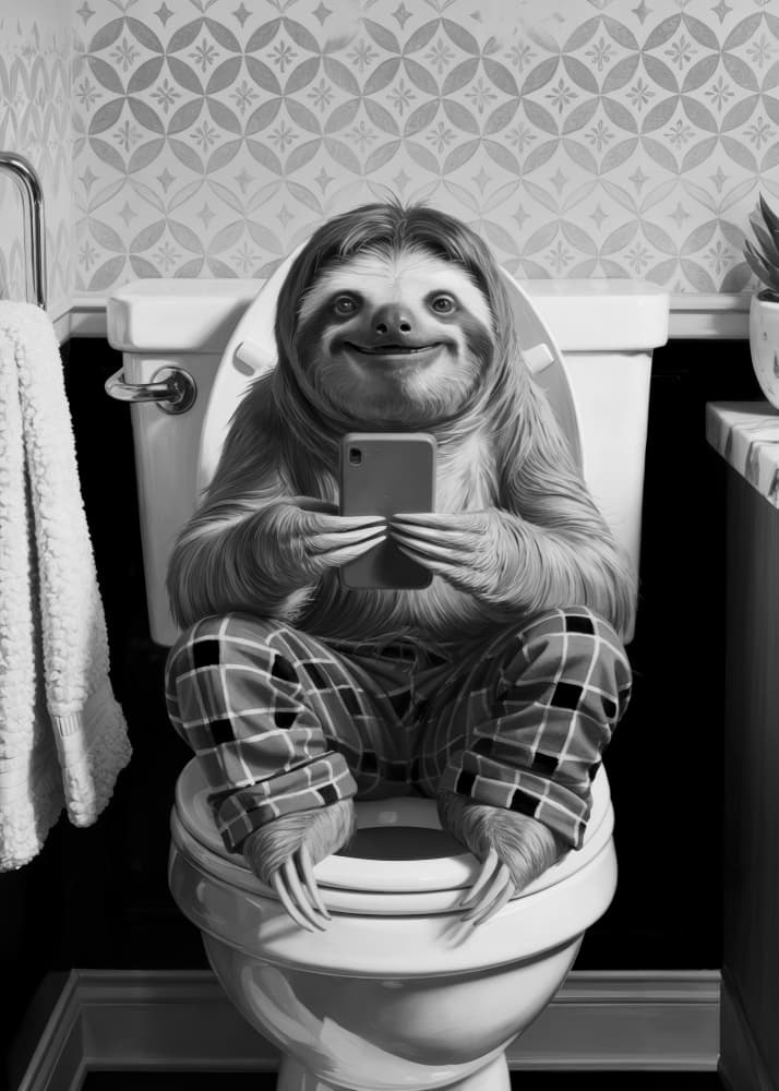 Funny Sloth Bathroom Break by Andreas Magnusson — canvas wall art