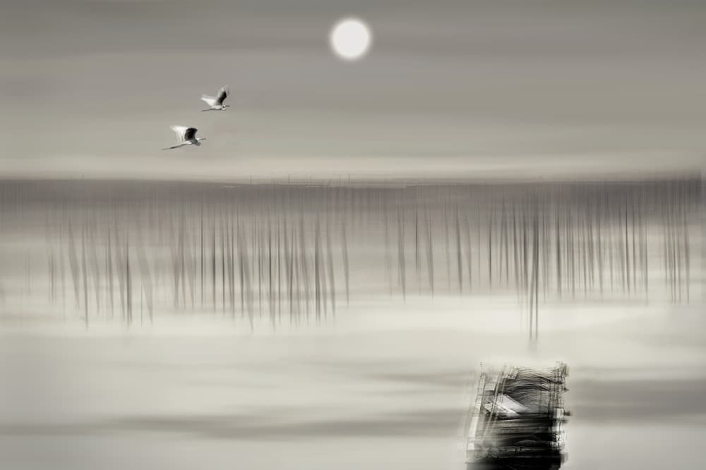 Moonlit Cranes Misty Morning by MingLun Tsai (蔡明倫) — canvas wall art