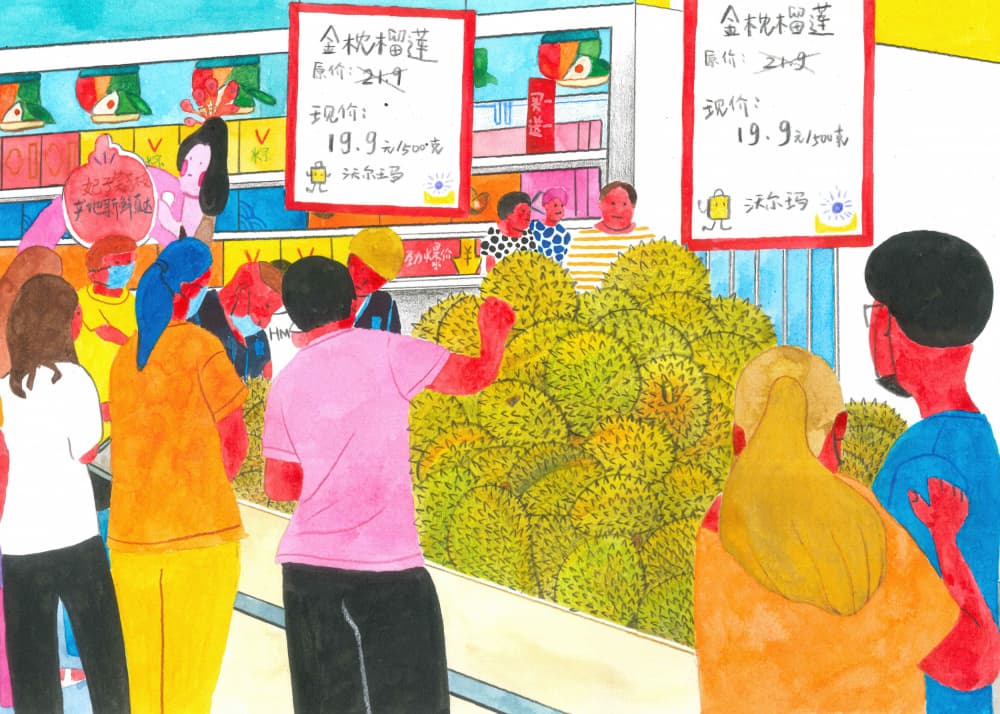 Bustling Durian Market by Zhigang Zhang — canvas wall art