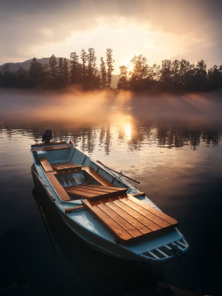 Misty Morning Boat Sunrise by Rostovskiy Anton — canvas wall art