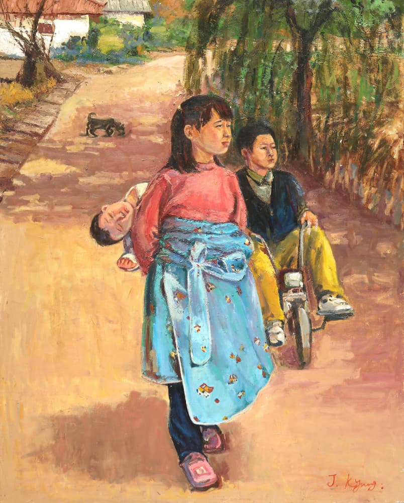 Children on a Village Path by Jukyong Park — canvas wall art