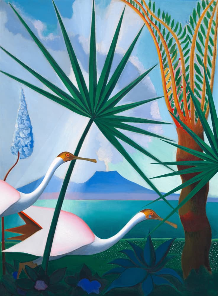 Pink Birds Tropical Oasis by Marja van den Hurk — canvas wall art