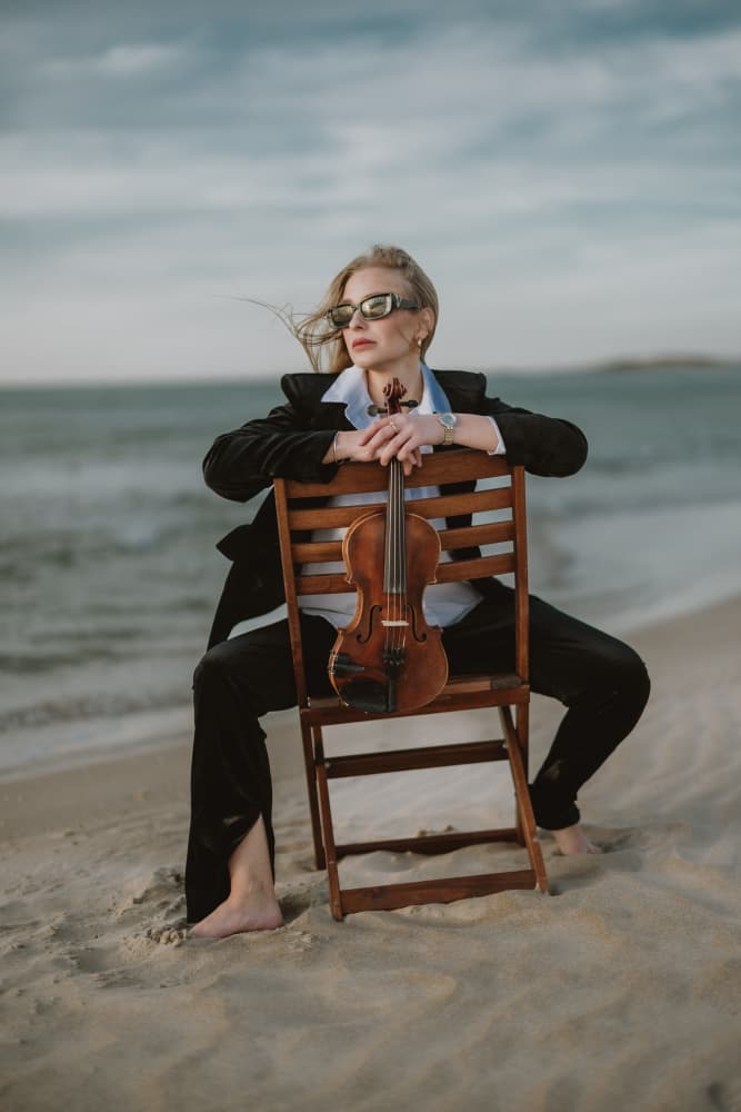 Elegant Violinist on Beach by Farid Kazamil — canvas wall art