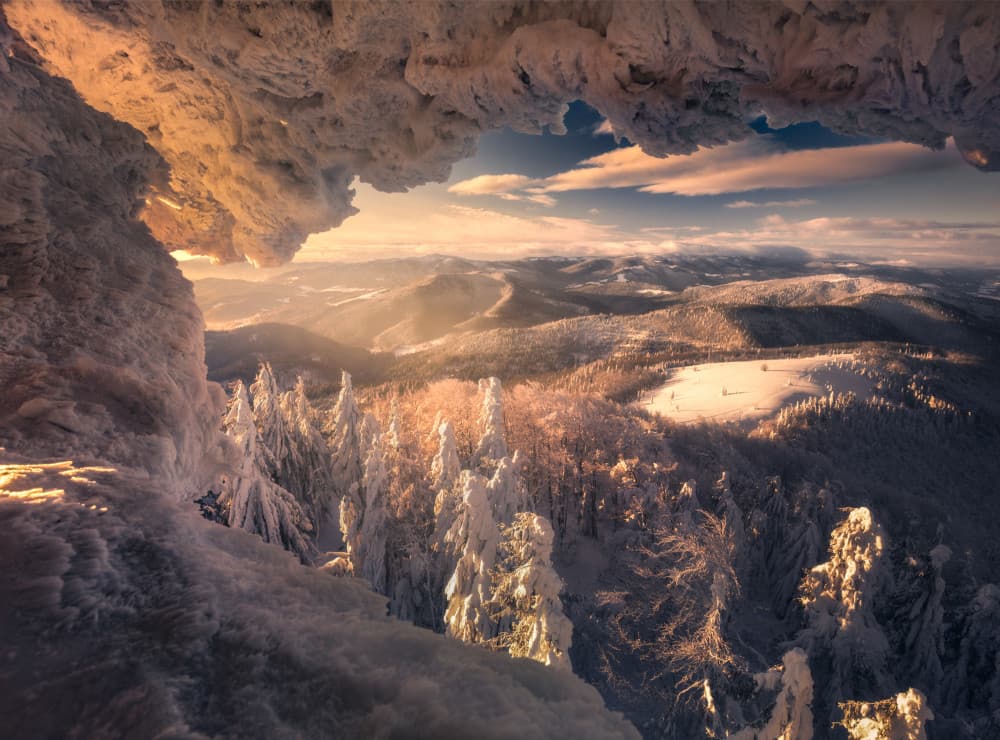 Golden Winter Mountain View by Karol Nienartowicz — canvas wall art