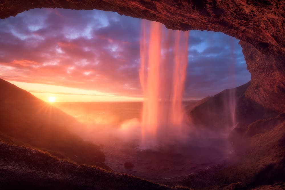 Glowing Waterfall Sunset by Daniel Gastager — canvas wall art
