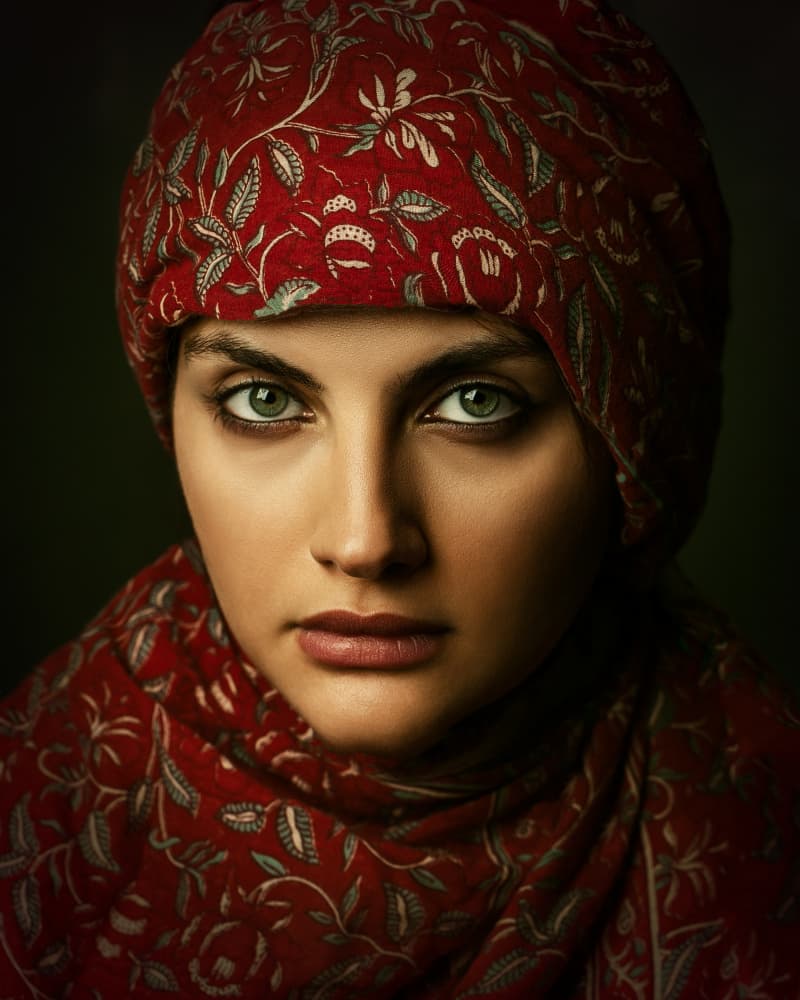 Red Scarf Portrait by Mehdi Mokhtari — canvas wall art