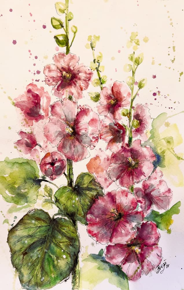 Vibrant Pink Hollyhocks by Anda Bieza — canvas wall art