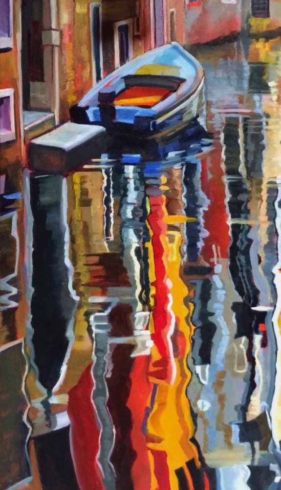 Blue Boat Reflections by Maxine Shore — canvas wall art