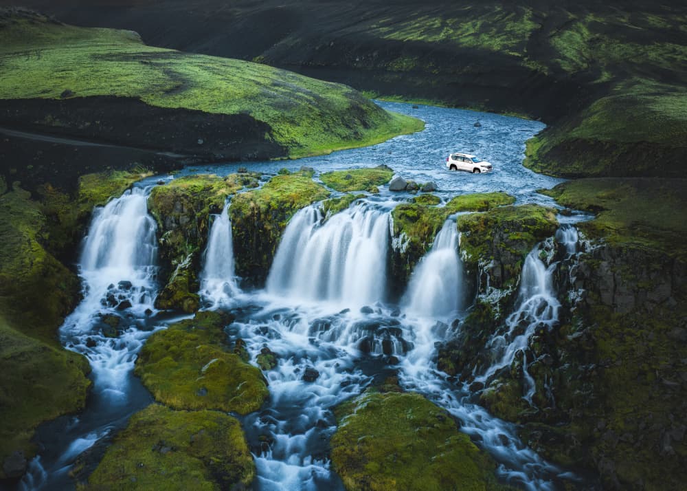 Cascading Falls River Crossing by Yuan Cui — canvas wall art