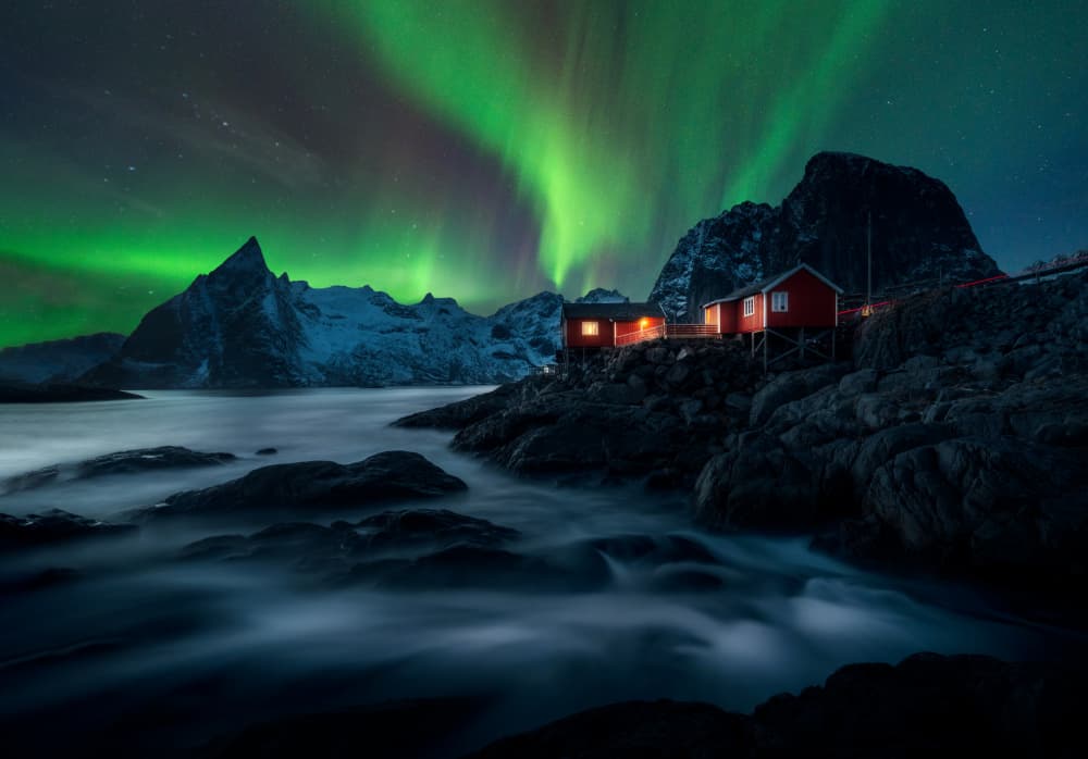 Aurora Over Red Cabins by NingYun Ye — canvas wall art