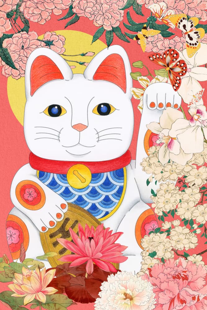 Lucky Cat Floral Fortune by Marja van den Hurk — canvas wall art