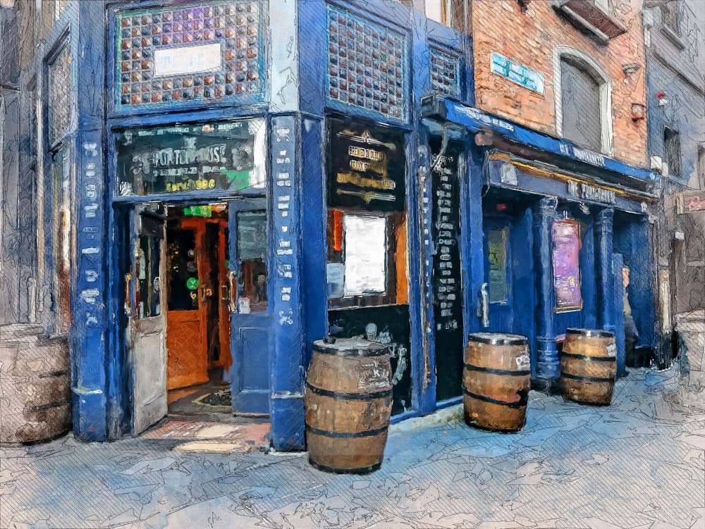 Charming Blue Corner Pub by Justyna Jaszke — canvas wall art