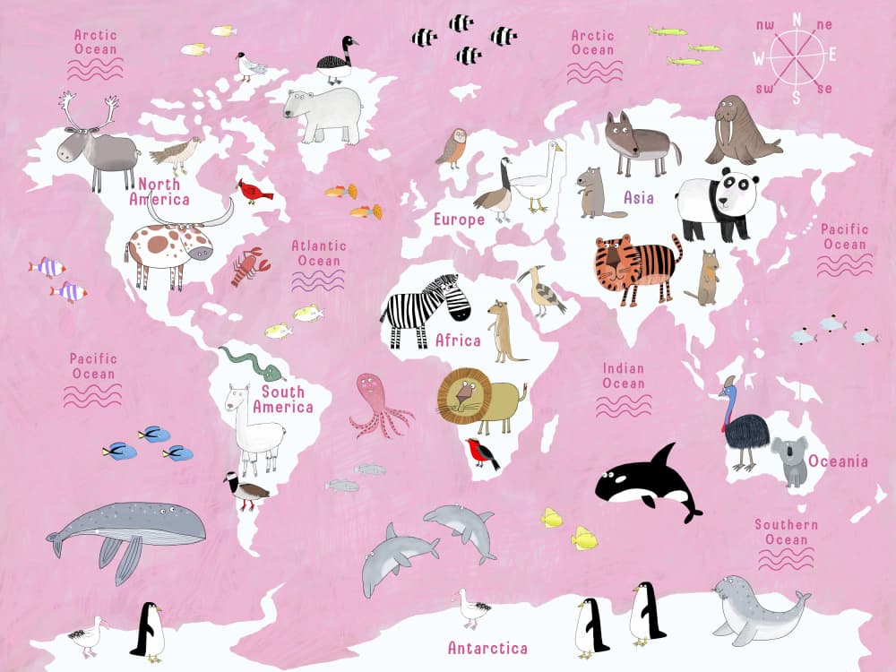 Cute Animals World Map by Carla Daly — canvas wall art
