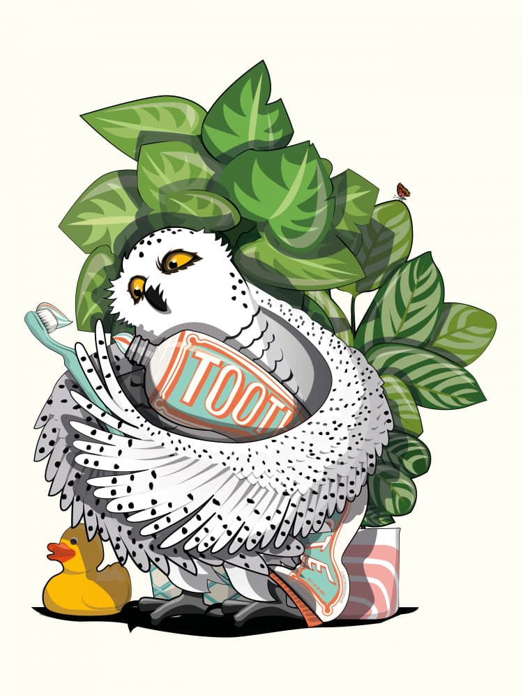 Snowy Owl Brushing Teeth by In The Washroom — canvas wall art