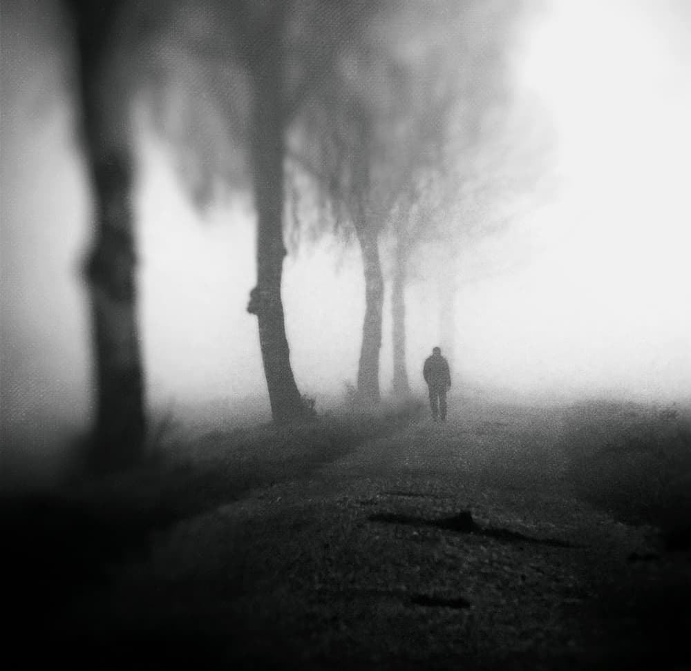 Solitary Figure Foggy Path by Renate Wasinger — canvas wall art