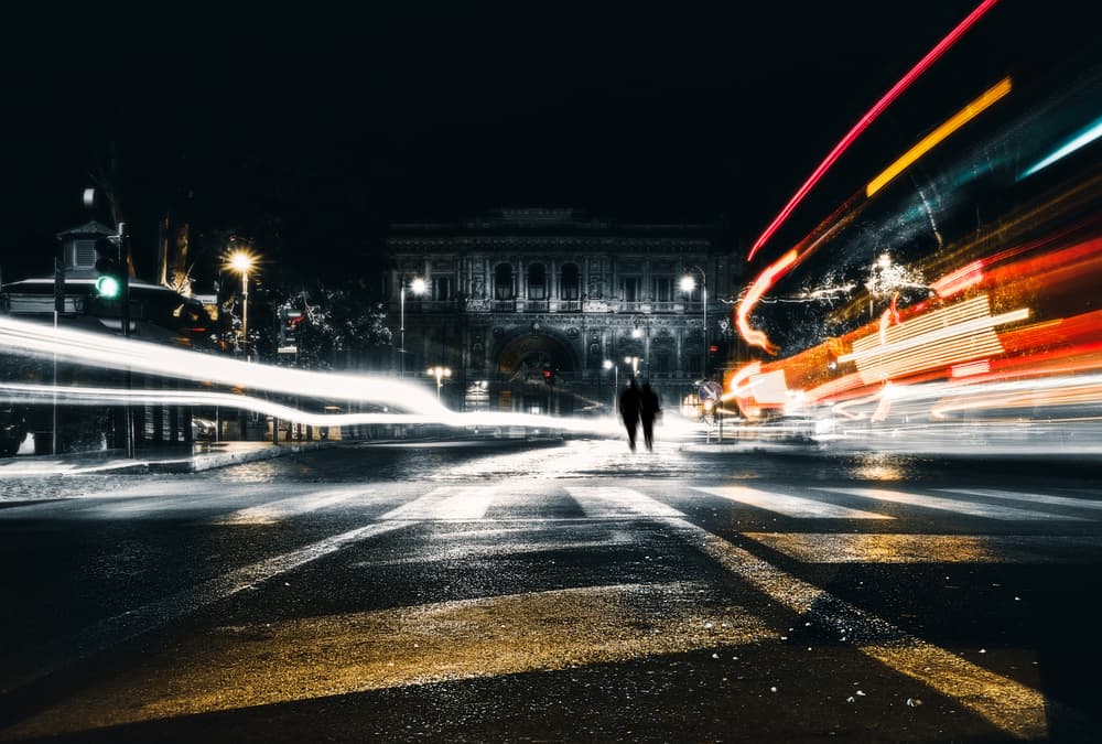 Night City Light Trails by Massimiliano Mancini — canvas wall art