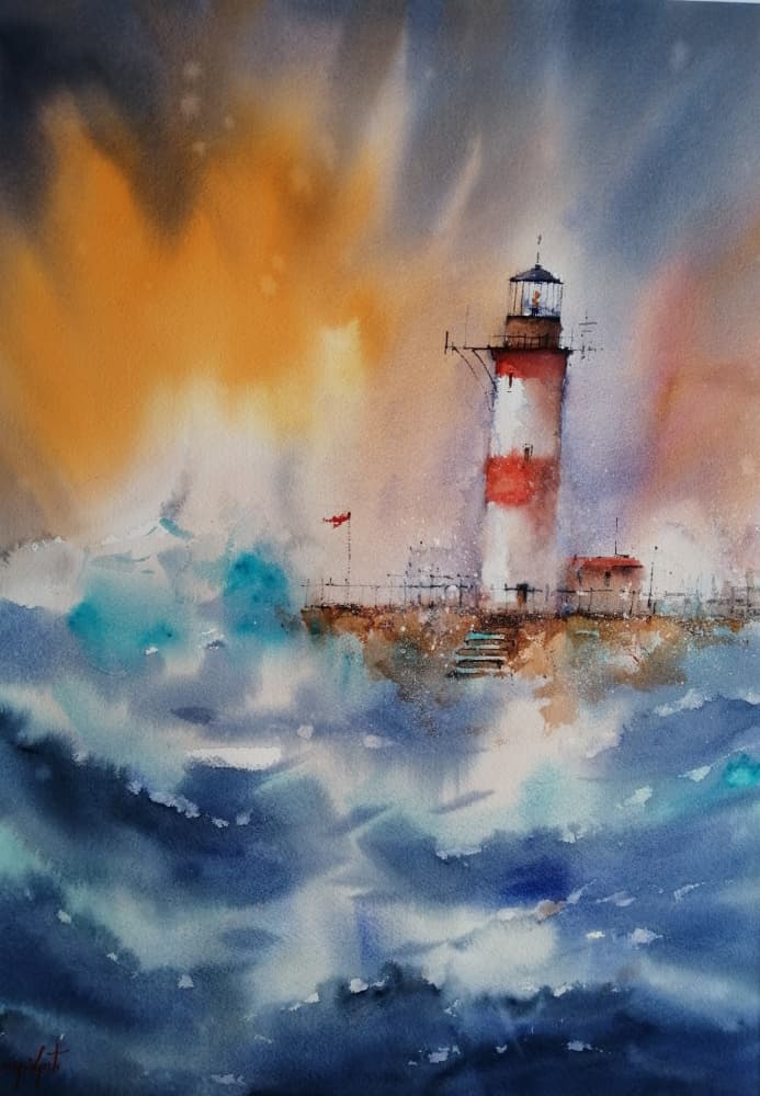 Lighthouse Golden Storm by Giorgio Gosti — canvas wall art