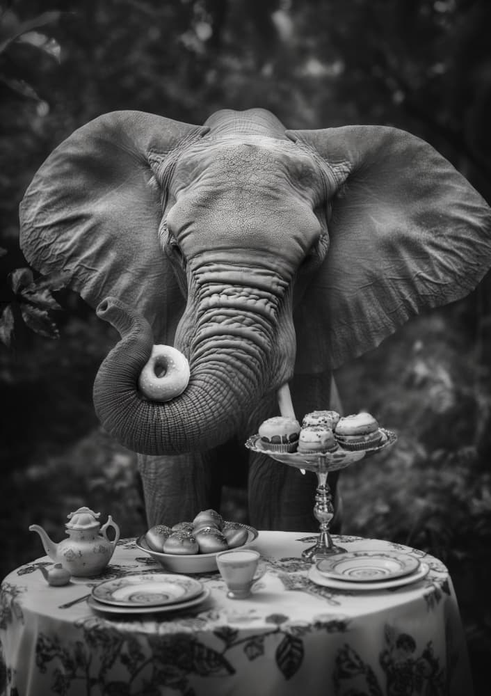 Whimsical Elephant Tea Time by Niky Rahner — canvas wall art