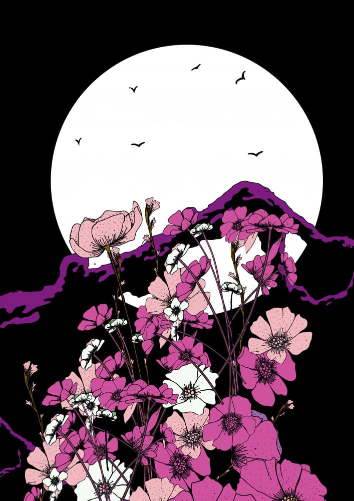 Moonlit Pink Mountain Flowers by Nicholas — canvas wall art