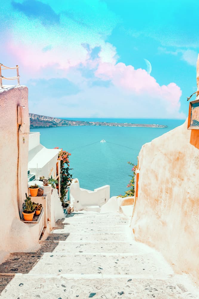 Dreamy Aegean Stairway by Uma Gokhale — canvas wall art