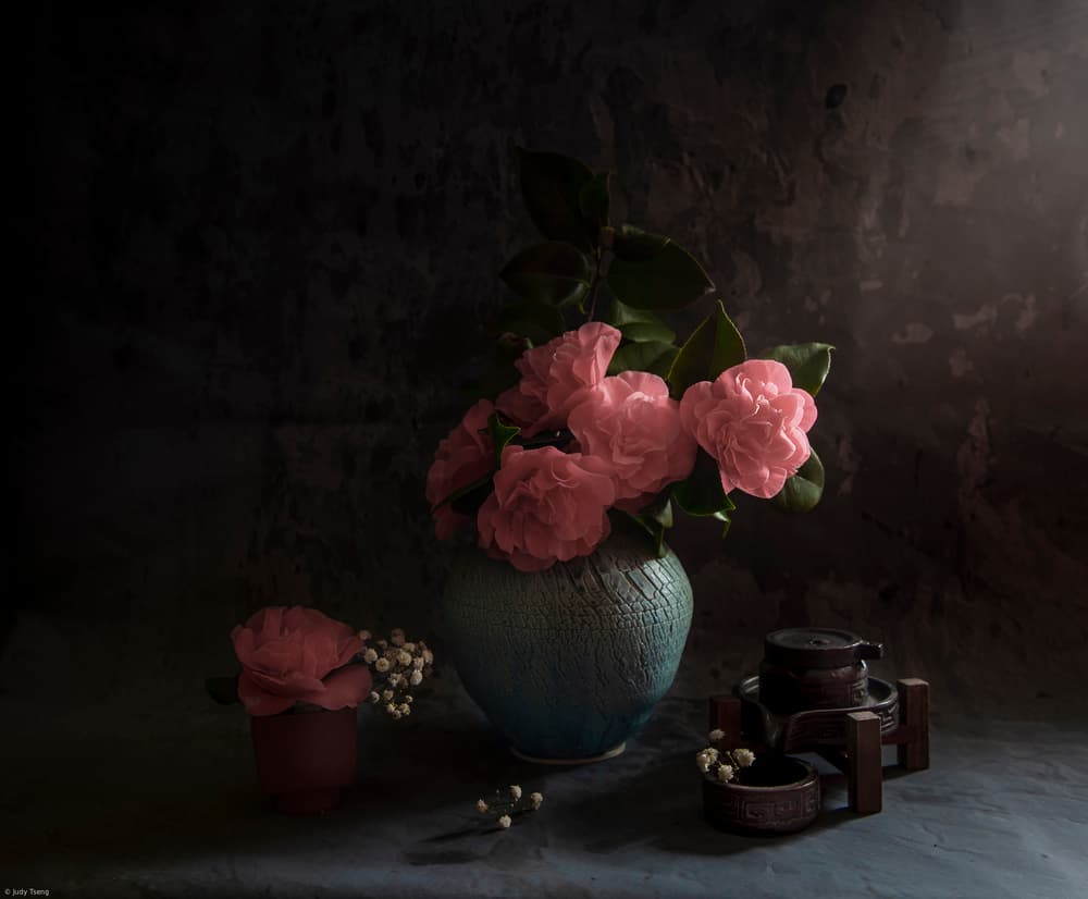 Moody Camellia Arrangement by Judy Tseng — canvas wall art