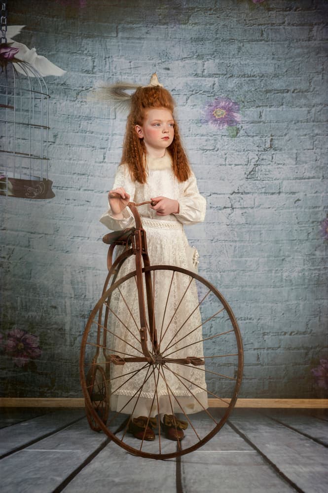 Whimsical Girl Vintage Bicycle by Monika Vanhercke — canvas wall art
