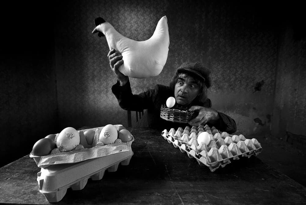 Man With Plush Chicken by mario grobenski - psychodaddy — canvas wall art