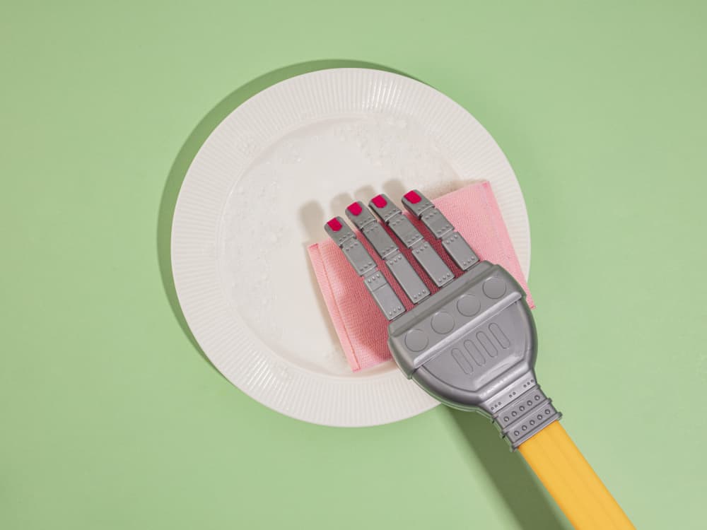 Pink Robot Cleans Plate by Julia Ramiro — canvas wall art