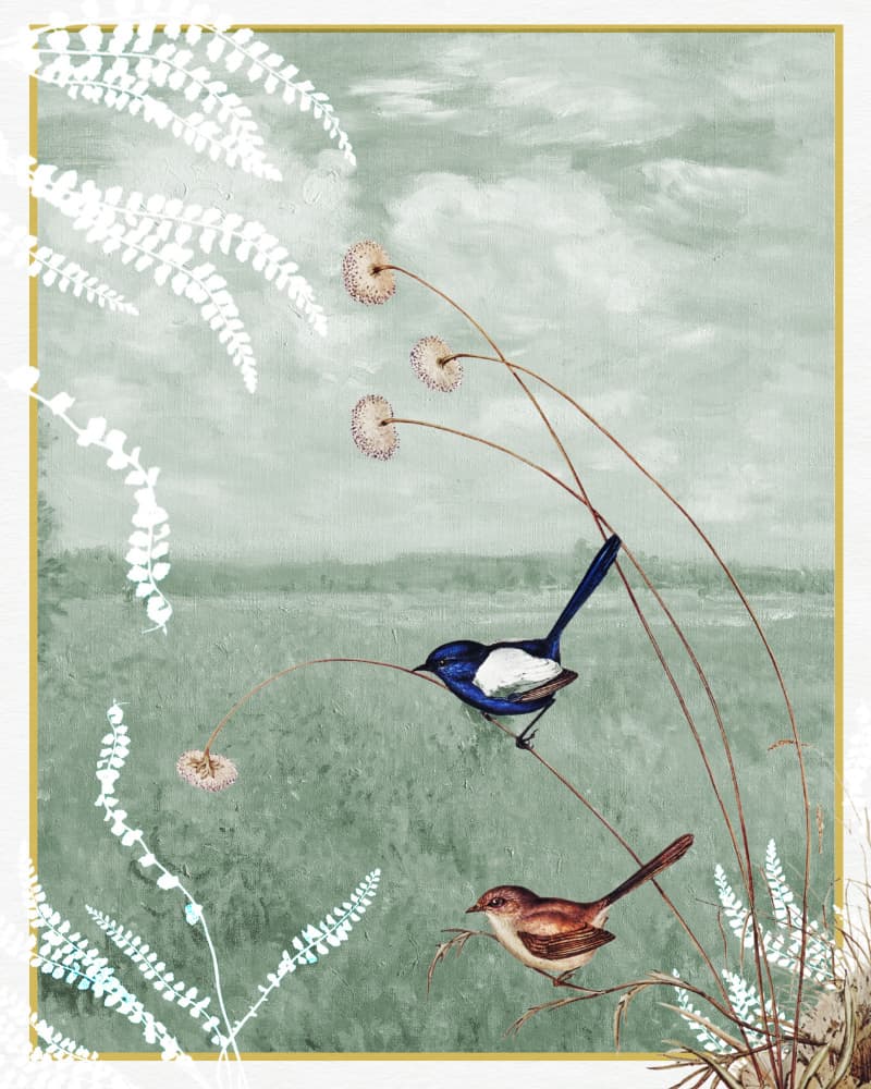 Birds in a Serene Meadow by Wild Violets — canvas wall art
