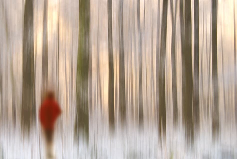 Red Figure Winter Forest by Hilde Ghesquiere — canvas wall art