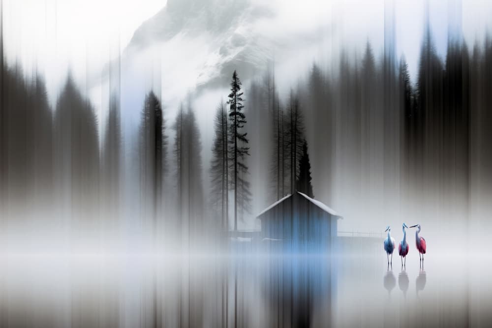 Misty Lake Three Birds by Hosam.Karara — canvas wall art