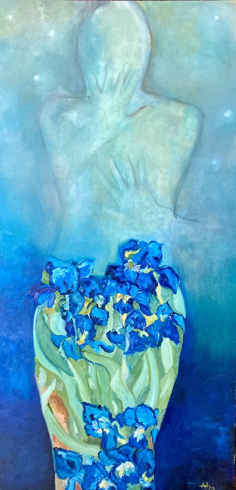 Ethereal Figure Blue Irises by Alexandra Higgins — canvas wall art