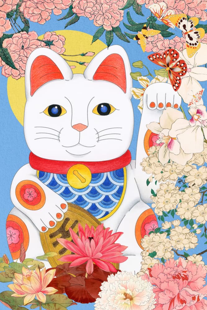 Maneki Neko Floral Charm by Marja van den Hurk — canvas wall art