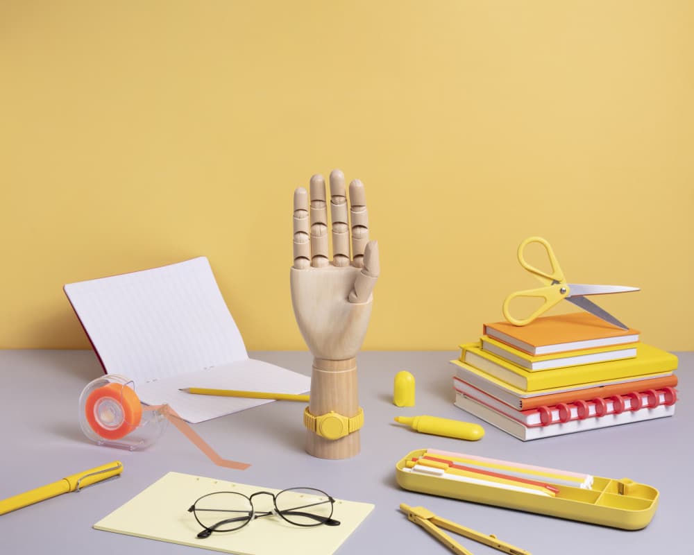 Yellow School Supplies by Julia Ramiro — canvas wall art