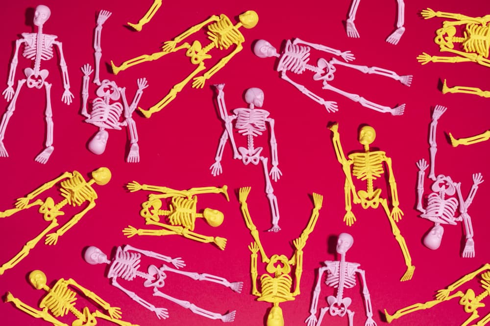 Playful Skeletons on Red by Julia Ramiro — canvas wall art
