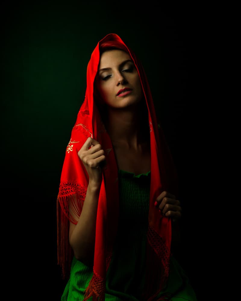 Serene Red Shawl Portrait by Mehdi Mokhtari — canvas wall art