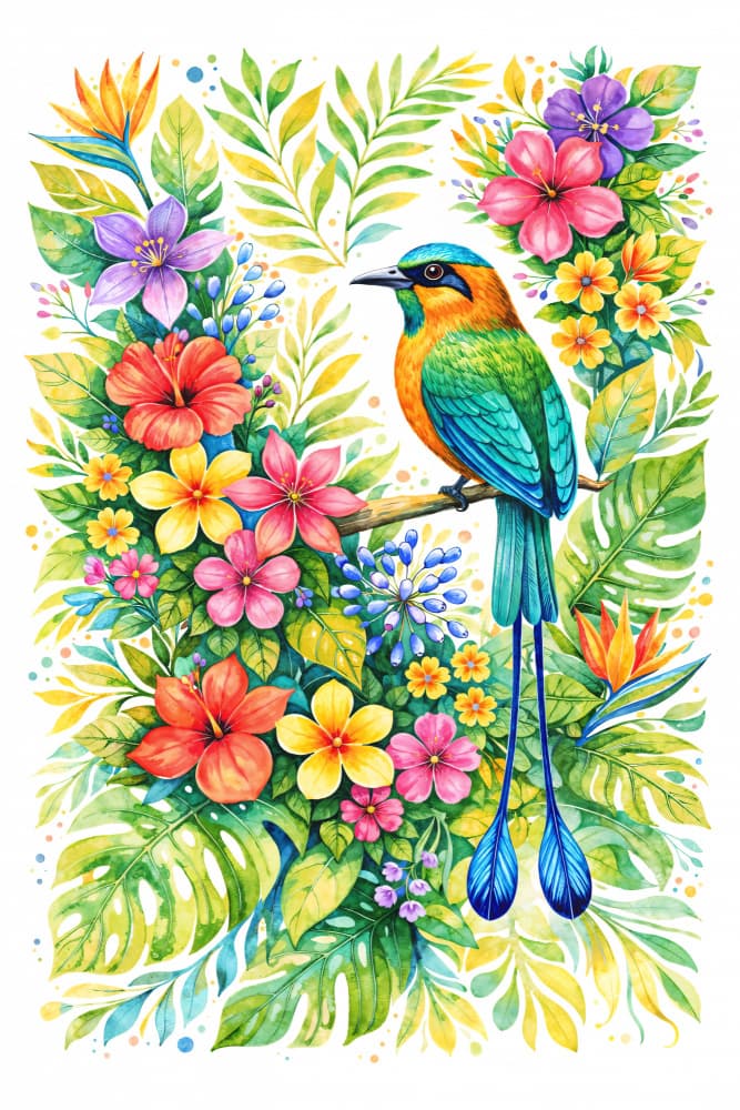 Motmot in Tropical Blooms by Natalie Bruns — canvas wall art