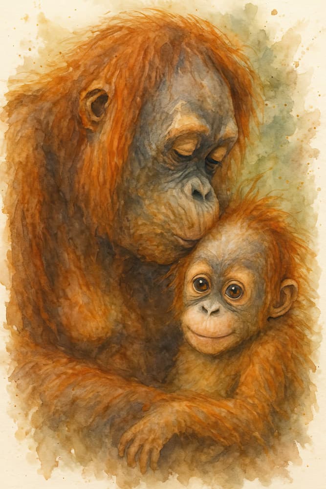 Gentle Orangutan Embrace by Natalie Bruns — canvas wall art