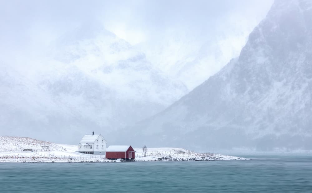 Winter Fjord Cabins by Dianne Mao — canvas wall art