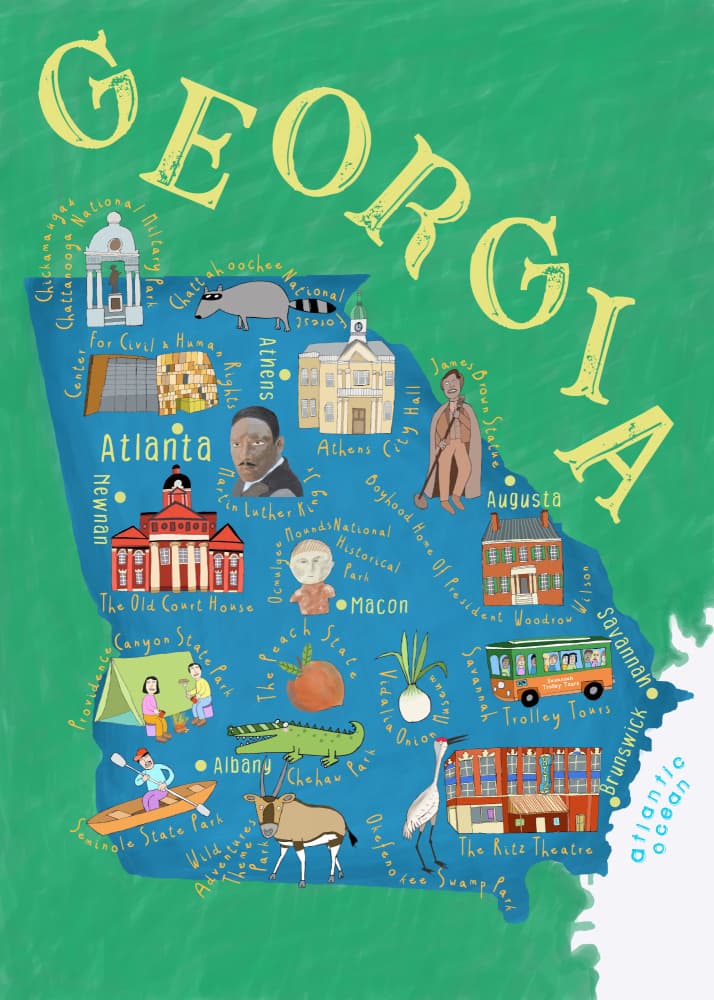 Illustrated Georgia Map by Carla Daly — canvas wall art