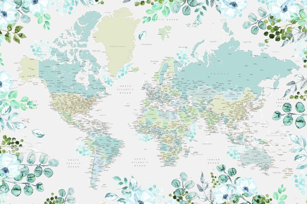 Watercolor Floral World Map by Rosana Laiz Blursbyai — canvas wall art