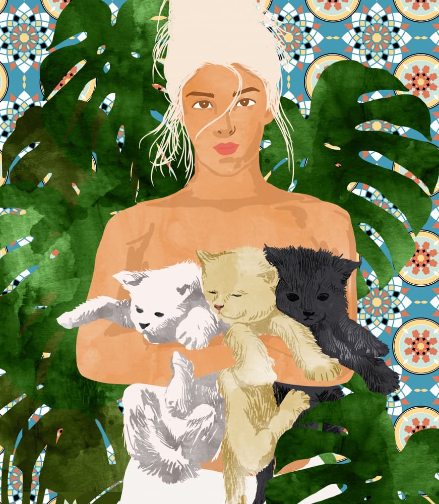 Tropical Woman and Kittens by Uma Gokhale — canvas wall art