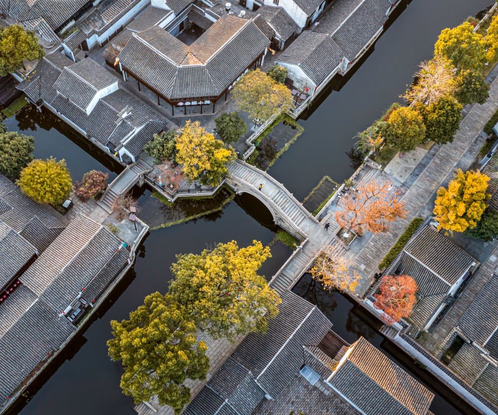Autumn Water Town View by Irene Wu — canvas wall art