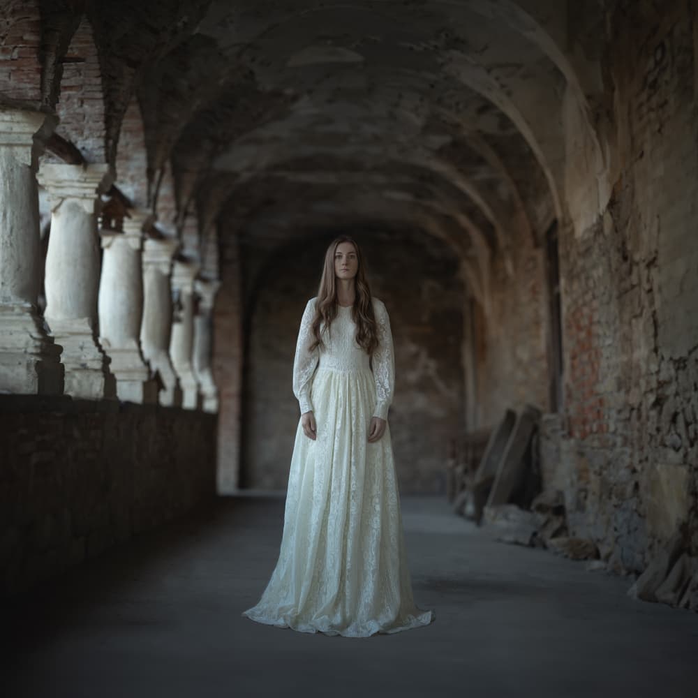 Ethereal Woman Ancient Corridor by Raluca Arhire — canvas wall art
