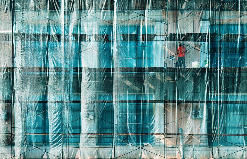 Urban Blue Construction by Karina Aleksandrova — canvas wall art