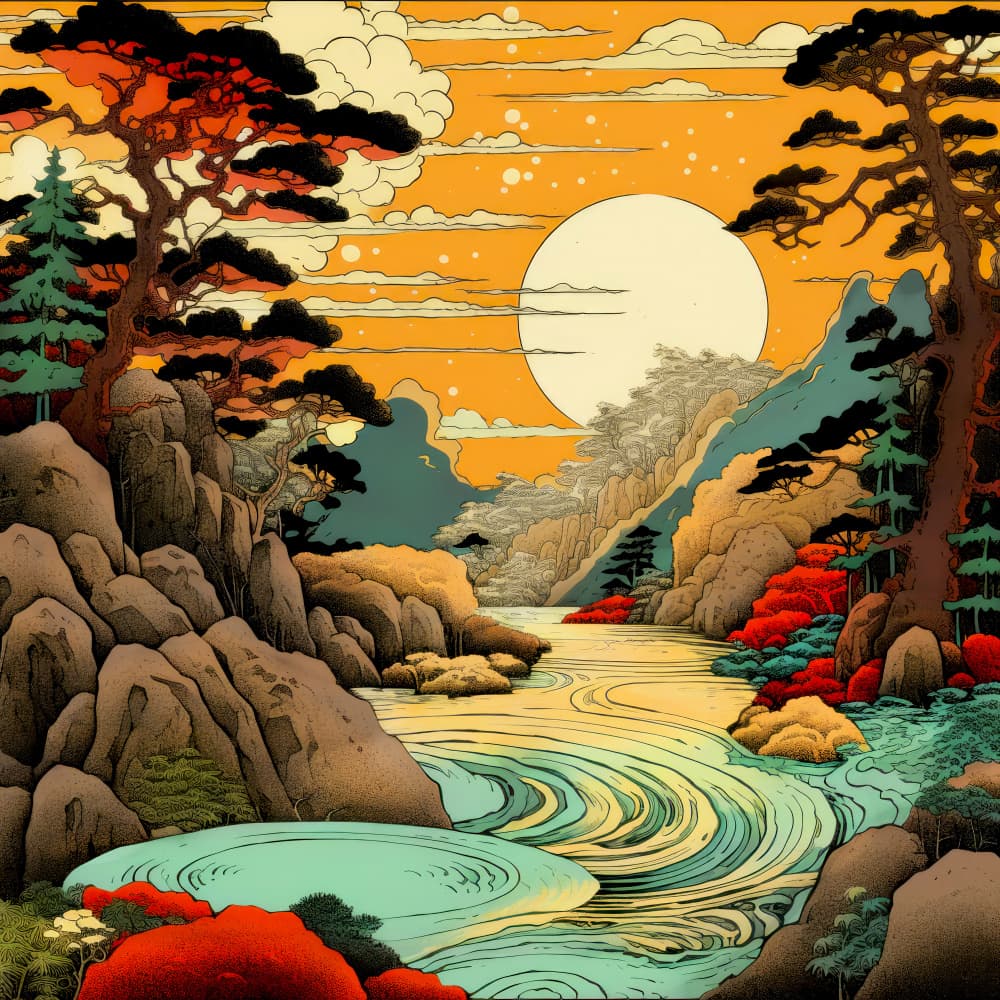 Vibrant Japanese Mountain River by Justyna Jaszke — canvas wall art