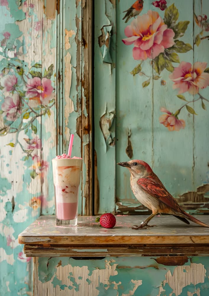 Bird with Strawberry Milkshake by Niky Rahner — canvas wall art