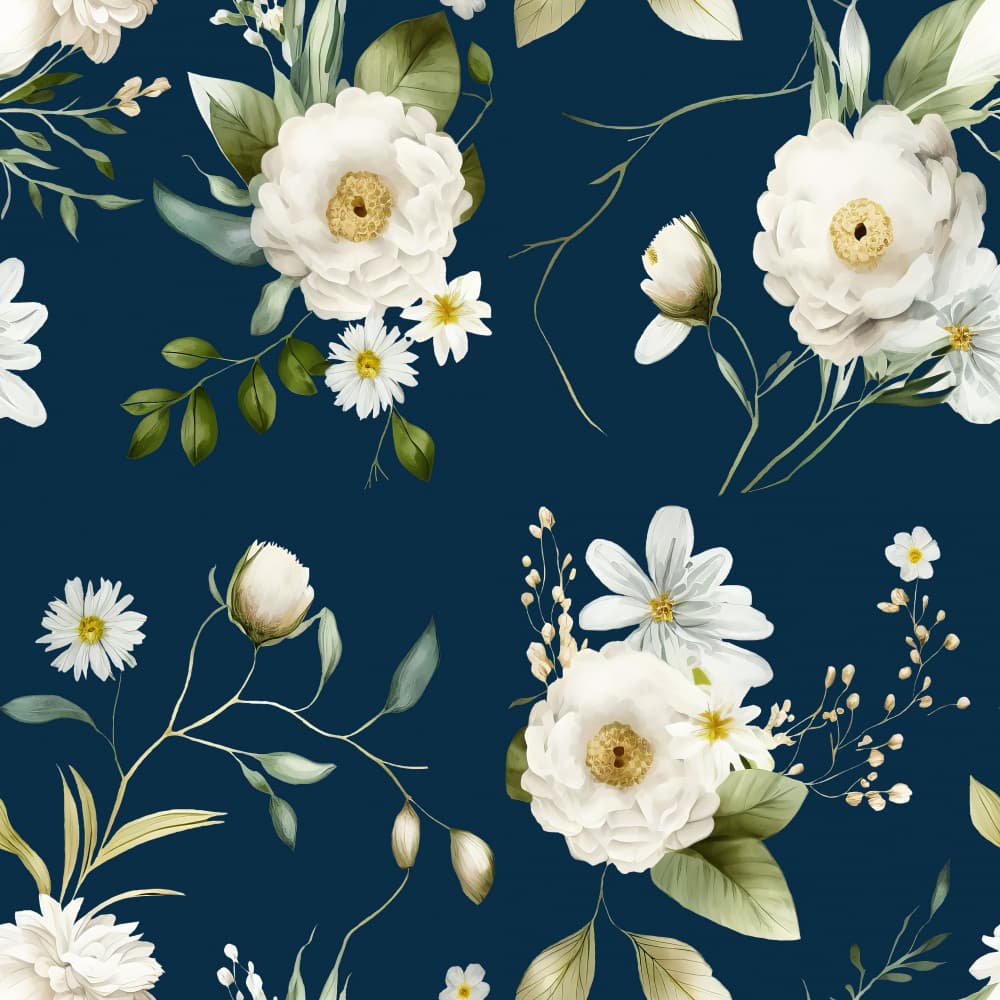 White Flowers Navy Bloom by Bilge Paksoylu — canvas wall art