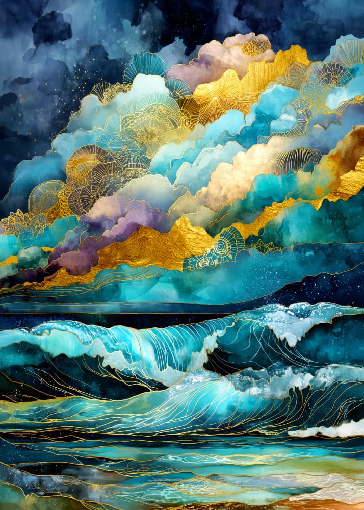 Golden Clouds Blue Waves by Justyna Jaszke — canvas wall art