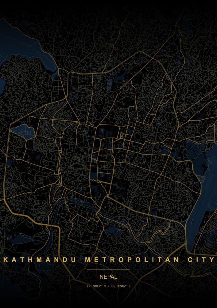 Golden Kathmandu City Map by HUGO — canvas wall art